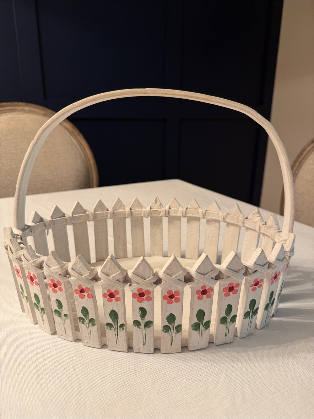 White Hand-Painted Picket Basket with Pink Floral Accent